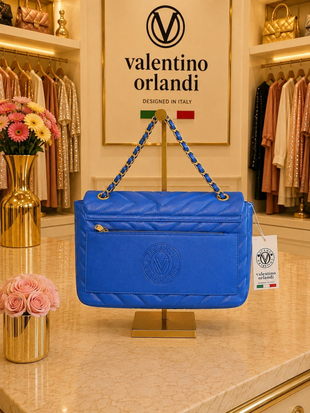 Brand New - Valentino Orlandi Blue Quilted Gold Chain-Handle Shoulder Bag - Picture 2 of 5